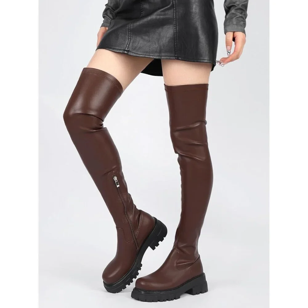 Women Brown-pu Synthetic Comfortable Thigh High Over The Knee High Boot